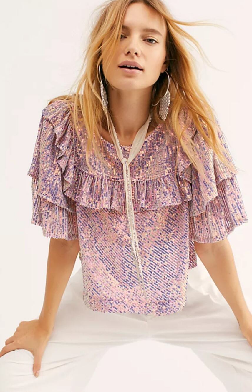 Free People Dance Floor Pink Sequin Top Large